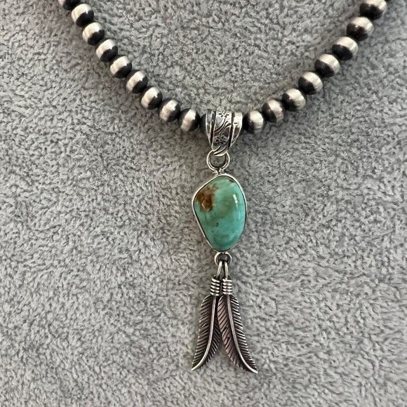 ❤️ Kingman Turquoise Navajo Southwestern Feather Sterling Pendant 5.6gm 2.34”L - Picture 3 of 15